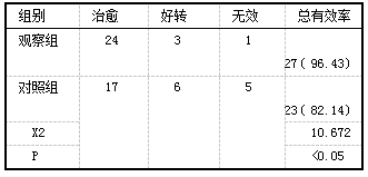 表1对比两组治疗有效率[n=28，例(%)]